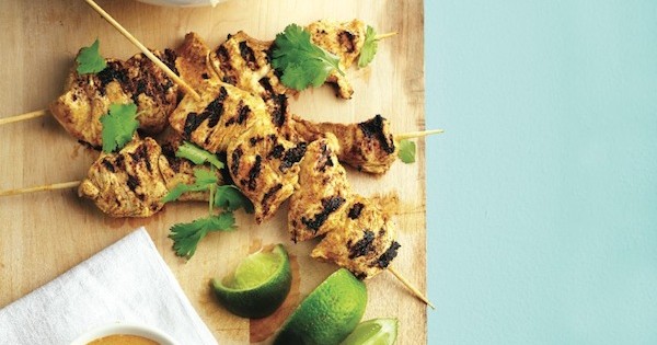 Curried coconut-chicken skewers with honey-lime coleslaw