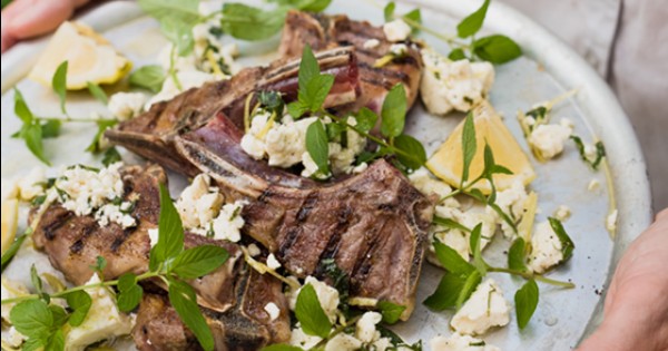 Grilled Lamb Chops with Marinated Feta