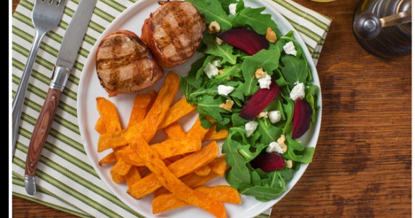 Bacon-Wrapped Pork Tenderloin Medallions with Beet & Goat Cheese Salad and Sweet Potato Plank Fries
