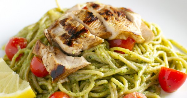 Basil and Goat Cheese Pesto Pasta with Tomatoes and Chicken