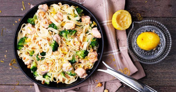 Salmon and broccoli tagliatelle with toasted hazelnuts