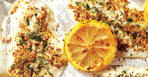 Broiled Dijon-crusted sole with lemons