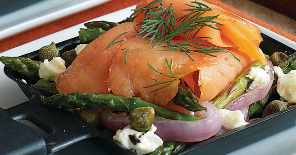 Smoked Salmon, Red onion, Asparagus and Goat Cheese Gratin